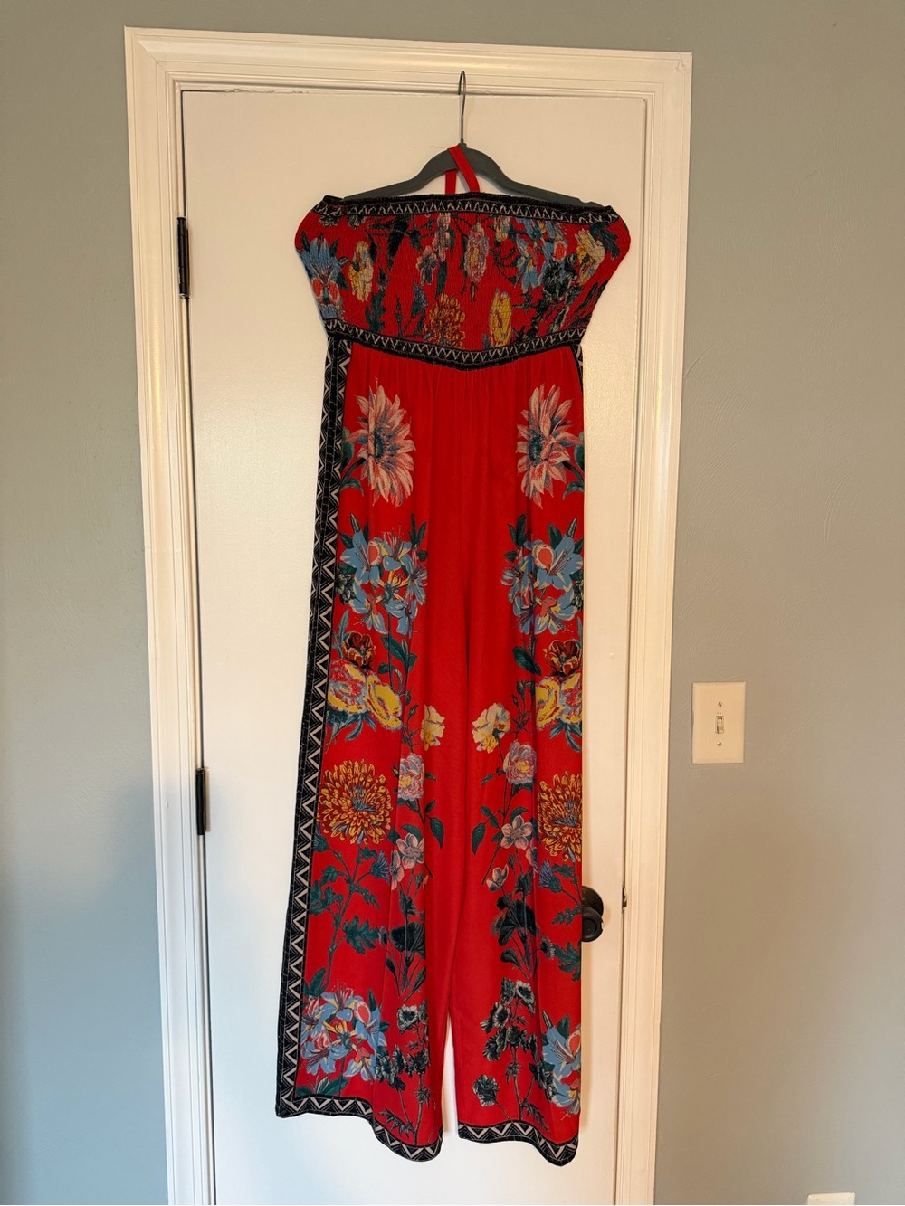 Red Floral Strapless Jumpsuit Dress
